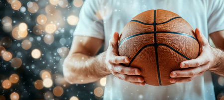 Close Up Of Person Holding A Textured Orange Leather Basketball With Festive Backdropの素材