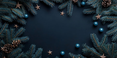Christmas Banner Mockup with Fir Branches, Blue Ornaments, and Golden Stars on Teal Backgroundの素材