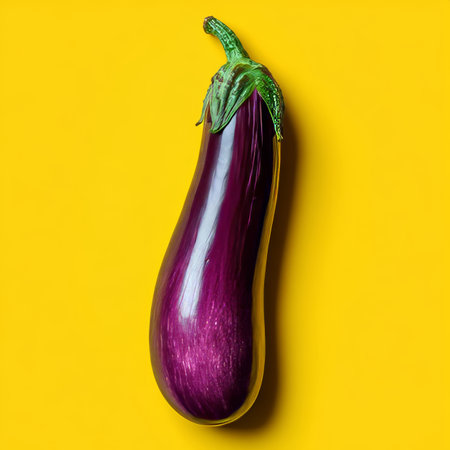Fresh, Ripe Eggplant with Deep Purple Skin Isolated on Yellow for Striking Food Photographyの素材