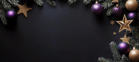 Christmas Banner. Pine Branches Decorated With Stars and Deep Amethyst Balls, Top Viewの素材