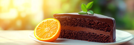 Slice of Rich Chocolate Cake with Chocolate Frosting and Orange Slice on White Plate, Close Upの素材