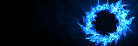 Blue Fire Circle On A Black Background, Abstract Blazing Ring Of Fire On Black Backgroundの素材