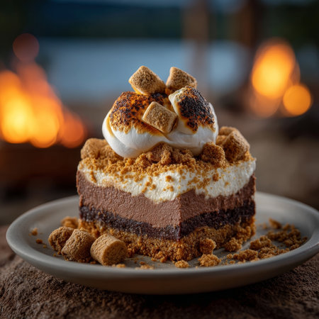 Indulgent Layered S mores Cake A Slice Topped with Marshmallows and Graham Crackers.の素材