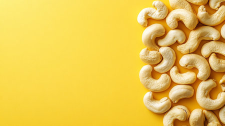Cashew Nuts Arranged on a Yellow Background A Vibrant and Healthy Flat Lay Composition.の素材