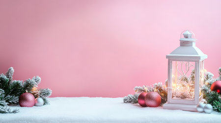 Christmas. White lantern, pink and silver Christmas baubles, snow, fir branches on a pink backgroundの素材