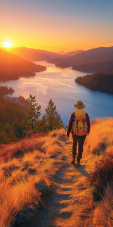 Woman Explores Mountain Trails at Scenic Sunset with Picturesque River Views in Backgroundの素材