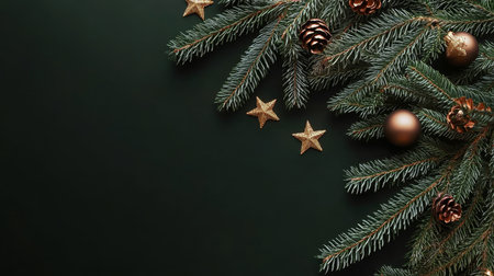 Christmas Border, Fir Tree Branches with Golden Ornaments on Dark Green Background, Copy Spaceの素材