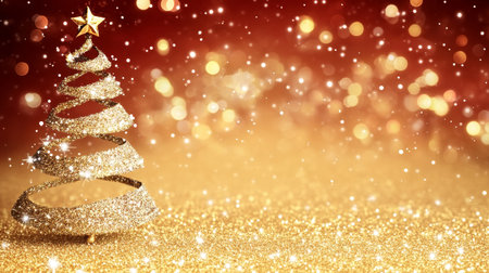 Golden Christmas Tree Sparkle. Christmas Decoration on Gold Glitter Background With Copy Spaceの素材