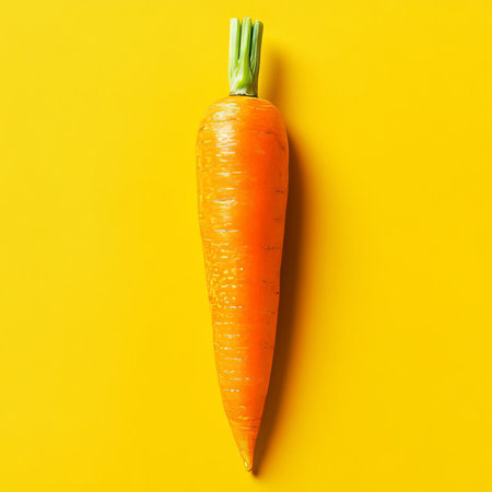 Single, Vibrant Orange Carrot Isolated On A Yellow Background, Healthy Eating Conceptの素材
