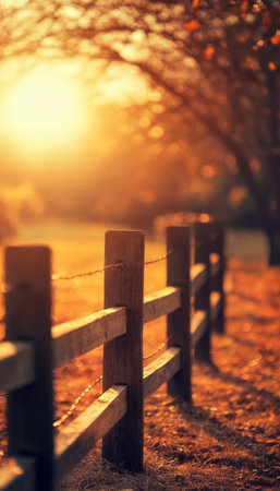 Golden Hour Tranquility Wooden fence with barbed wire in sunlit Autumn field, close upの素材