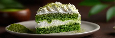 Exquisite Slice of Matcha Green Tea Cake with Creamy Frosting, Food Photography on a Plateの素材