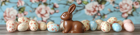 Chocolate Easter Bunny with Decorative Eggs on Wood, Floral Background, Spring Holiday Themeの素材