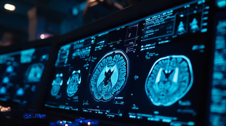 Medical Imaging Brain MRI Scans Displayed on Multiple Screens in Neon Blue for Diagnosticsの素材