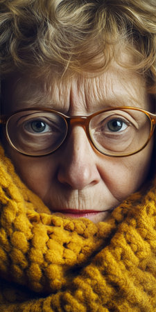 Close-Up Portrait, Senior Woman, Glasses, Yellow Scarf Expressing Emotion, Wisdom of Ageの素材