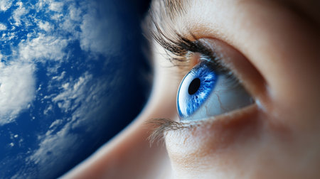 World Sight Day Close-up of Blue Eye with Earth Reflection, Global Vision and Healthcare Conceptの素材
