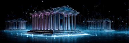 Neon Fintech Cityscape Neoclassical Bank Building In Digital Transformation Of Financial Servicesの素材