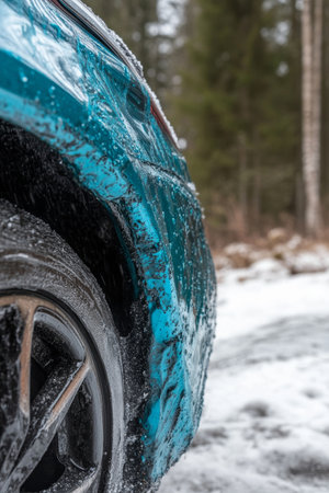 Close-up of Water Droplets on Icy Green Car, Hydrophobic Effect on Car Paint in Winterの素材