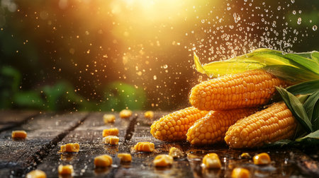 Freshly Picked Corn Cobs on Rustic Wooden Table, Glistening with Water Droplets in the Summer Rainの素材