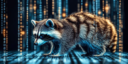 Futuristic Blue Holographic Raccoon Navigating a Digital Space, Modern Technology Conceptの素材