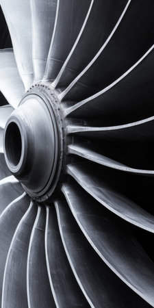 Close-Up, Industrial Design Fan Blade Turbine Jet Engine Power, Aircraft Technology Innovationの素材