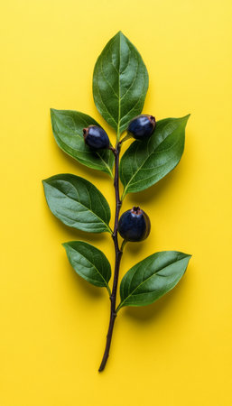 Isolated Serviceberry Branch, Vibrant Green Leaves and Clusters of Dark Purple Berries on Yellowの素材