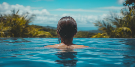 Young Woman Relaxes in Infinity Pool with Lush Tropical View, Tranquil Summer Vacation Escapeの素材