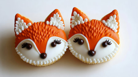 Two Adorable Fox Face Shaped Cookies Decorated with Orange and White Icing on White Backgroundの素材
