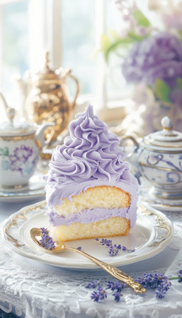 Elegant Slice of Lavender Cake. Buttercream Frosting, Tea, Floral Decor, Romantic Setting.の素材