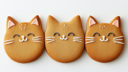 Three Adorable Cat-Shaped Cookies with Icing Decorations, Isolated on a White Backgroundの素材
