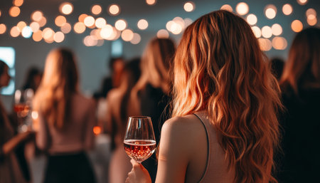 Woman Enjoying Wine Tasting Event, Socializing, with Festive Blurred Background, Copy Spaceの素材