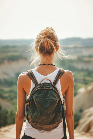 Woman with Backpack Exploring Scenic Mountain View, Adventure and Hiking Concept with Copy Spaceの素材