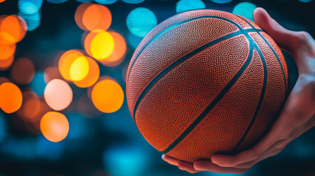 Close Up of Basketball Player Holding Ball with Blurry Bokeh Background, Concept Sport, Practiceの素材