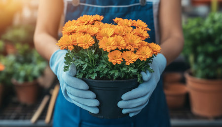 Woman Holding Potted Orange Mums, Colorful Garden Center Background, Gardening Hobby, Copy Spaceの素材