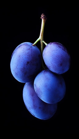 Group of Four Ripe Purple Plums, Isolated on Black Background. Deep Purple Tones, Smooth Skinの素材