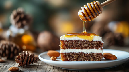 Honey Cake Slice With Creamy Layers, Honey Drip, Almonds on White Plate, Rustic Background.の素材