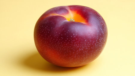Juicy Red Nectarine on Yellow, Fresh Fruit, Isolated, Healthy Eating, Summer Vibranceの素材