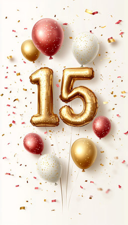 Golden Number 15 Balloon With Festive Balloons and Confetti For 15th Birthday Celebrationの素材