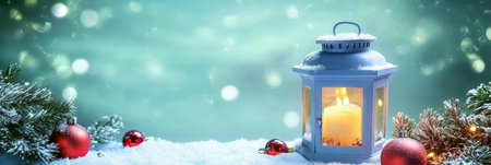 Christmas Lantern, Ornaments, and Snowy Fir Branches on Icy Blue Background with Copy Spaceの素材