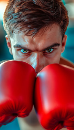 Focused Young Boxer, Ready to Strike with Intense Eyes, in a Defensive Stance, Gym Backgroundの素材