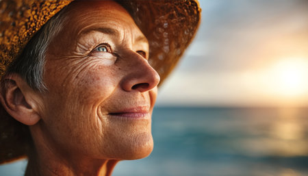 Serene Senior Woman in Straw Hat at the Beach, Contemplative Expression, Sunset Backgroundの素材