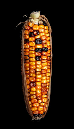 Roasted Corn on the Cob, Isolated on a Black Background A Close-Up of Texture and Colorの素材