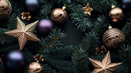 Christmas Background, Deep Amethyst, Gold, Sparkle. Festive Banner Design Mockup, Copy Space.,の素材