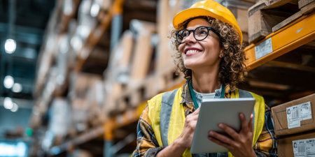 Confident Female Warehouse Worker With Digital Tablet Managing Inventory In Distribution Centerの素材