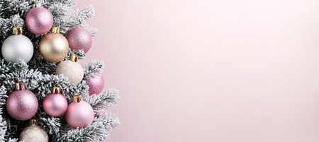 Frosted Holiday Tree with Pink and Gold Ornaments on a Pink Background with Copy Space.の素材