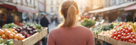 Woman Exploring Vibrant City Market, Shops and Colorful Wares Blurred, Space for Textの素材