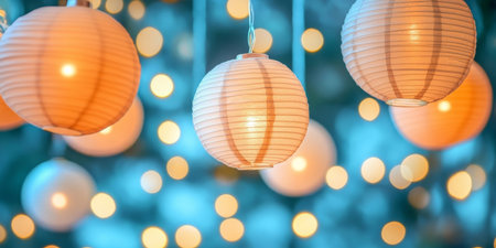 Festive Atmosphere Delicate Paper Lanterns Illumined Against a Sparkling Teal Backgroundの素材