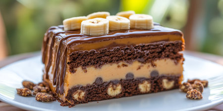 Slice of Chocolate, Banana Cake with Caramel. Topped with Banana and Chocolate.. Tropical Backdropの素材