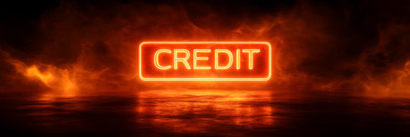 Orange Neon Credit Sign Glowing on Dark Background Concept Photo, Abstract Finance Bannerの素材
