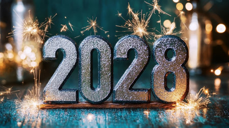 Sparkling Silver 2028 New Year Sign with Fireworks on a Glittering Emerald Backgroundの素材