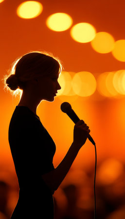 Silhouette of a Woman Holding a Microphone Performing on Stage with Bokeh Backgroundの素材